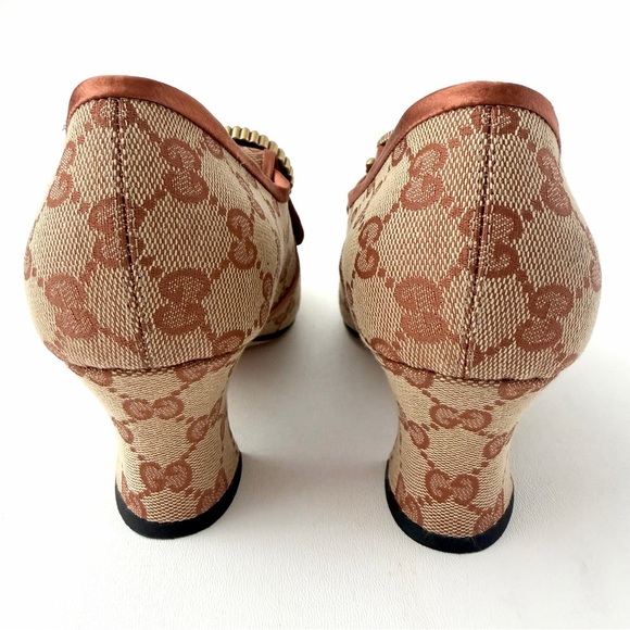 GUCCI || Rare GG Torchon Logo Canvas Monogram Pumps Copper Trim Heels EU 40 - Picture 10 of 16